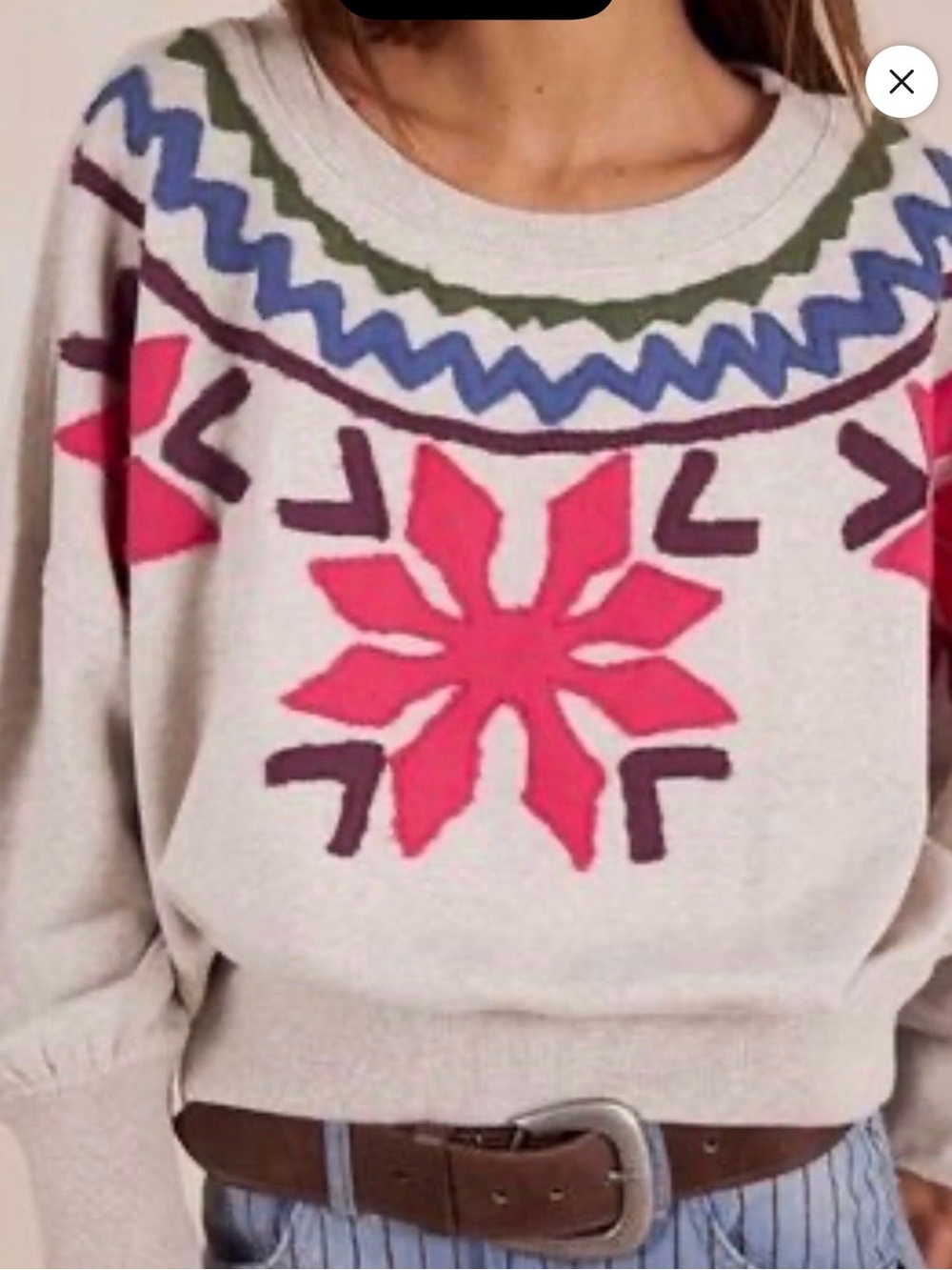 Free People  Cream Fair Isle Snowflake Sweater with Pink Accents